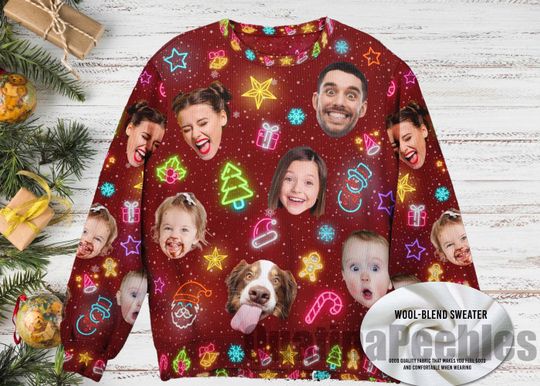 Custom Face Funny Light Up Christmas - Personalized Photo Ugly Sweater, Christmas Gift For Men Women Kid, Neon Light Christmas Ugly Sweater