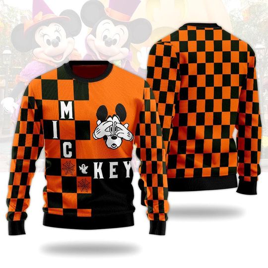 Discover MK Mouse Halloween Sweater, Orange Black Checker Sweatshirt, Dis-ney Spooky Holiday Jumper, Cartoon Xmas Sweatshirt