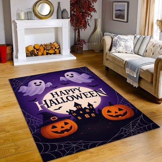 Discover Ghosts, Pumpkins and Haunted House Themed Halloween Rug -Spooky and Cute Rug for Kids' Rooms, Living Room Decor and Holiday Party Atmosphere