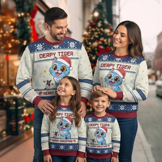 Discover Derpy Tiger Ugly Sweater, Blue Tiger Ugly Christmas Sweater, Tiger Costume Ugly Knit Sweater, Derpy Tiger Xmas Cosplay Outfits