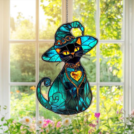 Discover Acrylic Suncatcher Witch Cat Window Hanging Decoration, Halloween Black Cat Ornament, Gothic Home Decor, Spooky Gift for Cat Lovers