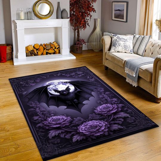 Discover Gothic Bat Rug with Moon & Purple Flowers  Dark Fantasy Vampire Carpet for Gothic Home, Bedroom, Living Room, Halloween Decor