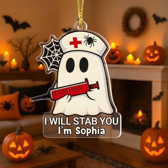 Discover Custom Halloween Acrylic Ornament Ghost Nurse with Syringe I Will Stab You Funny Personalized Name Decor for Haunted Home or Office