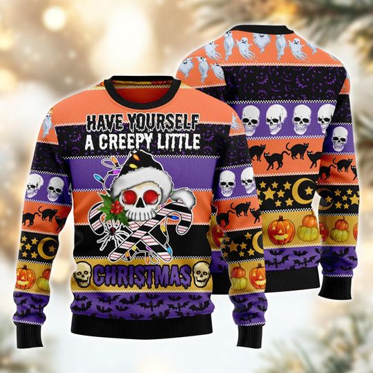 Creepy Xmas Ugly Sweater, Funny Skull Christmas Gift for Men, Women, Kids, Unique Holiday Outfit.