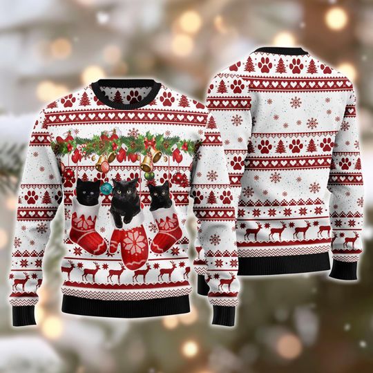 Black Cat Xmas Ugly Sweater, Cute Christmas Gift for Cat Lovers, Men, Women, Kid, Unique Holiday Outfit.