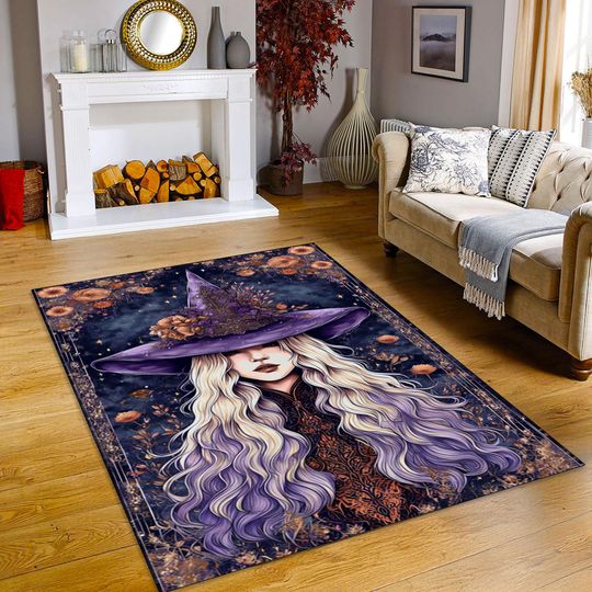 Discover Witch Area Rug - Gothic Fantasy Purple Hat and Flower Design, Washable Rug for Halloween and Witch Decor