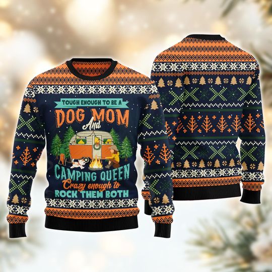 Discover Xmas Ugly Sweater, Dog Mom Camping Design, Funny Christmas Gift for Women, Dog Lovers & Campers.
