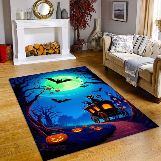 Discover Whimsical Halloween Cat Rug: Black Cat & Pumpkin Carriage Floor Mat