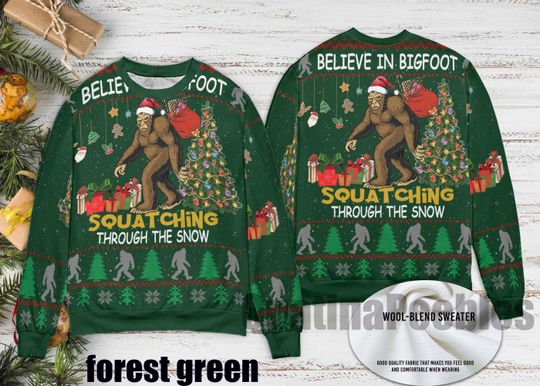 Sasquatch Bigfoot Squatching Through the Snow Ugly Sweater, Bigfoot Christmas Tree, Funny Bigfoot Ugly Sweater Xmas, Gift For Men Women