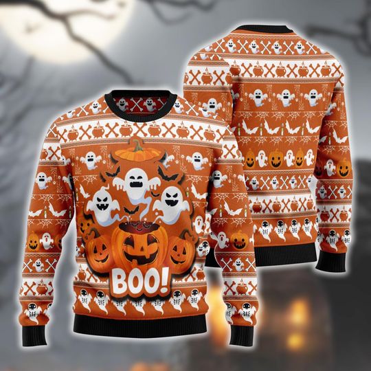 Boo Pumpkin Halloween Ugly Sweater, Xmas Sweatshirt, Christmas Gift For Men Women Kid, Unique Fall Outfit.