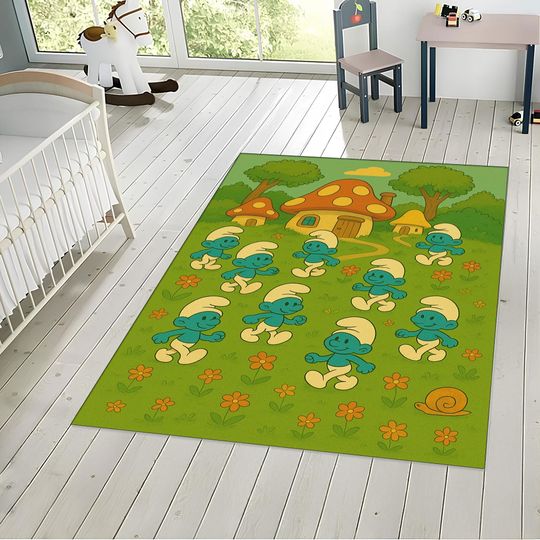Discover Weird Blue Dwarf Village Rug, Cartoon Mushroom House Rug