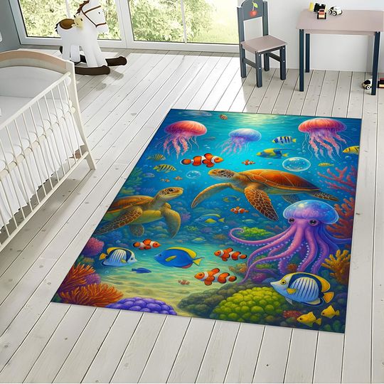 Discover Ocean Nursery Rug: Sea Turtles, Coral Reef, Kids Play Mat