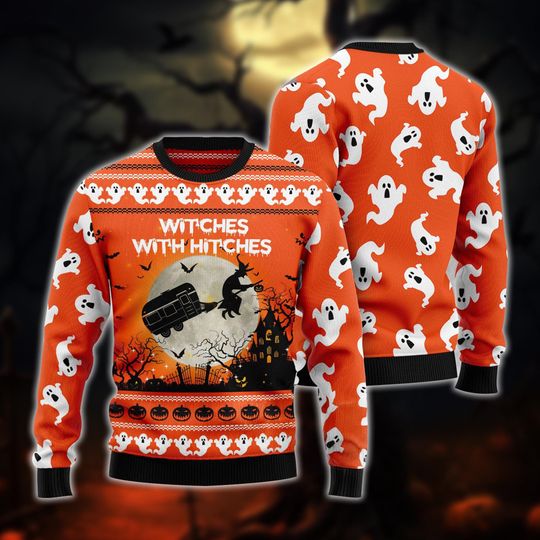 Discover Halloween Ugly Sweater Witches With Hitches, Ghosts & Pumpkins, Fun Spooky Custom Gift Sweater for Women Men, Unique Fall Outfit.