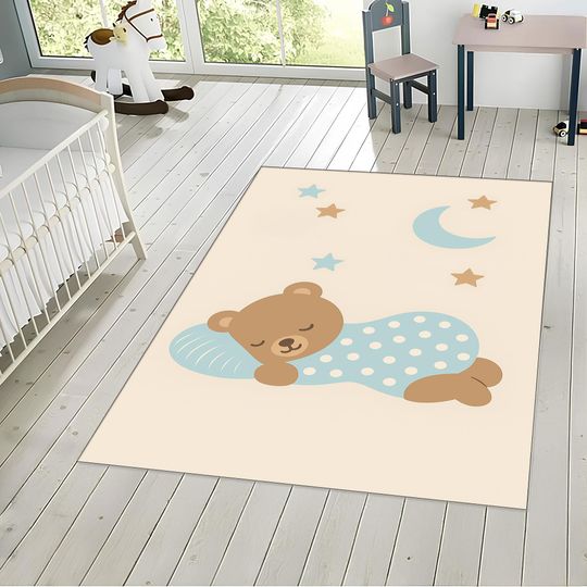 Discover Pastel Sleeping Bear Nursery Rug: Moon & Stars Baby Room Carpet