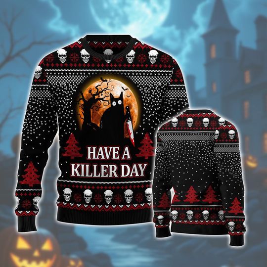 Discover Halloween Ugly Sweater, Have a Killer Day Halloween, Skull Pattern & Spooky Full Moon Ugly Knit Pullover, Perfect for Halloween Cheer.