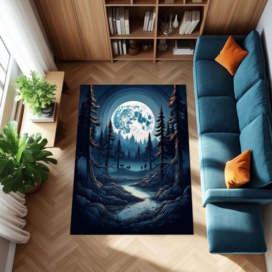 Discover Dark Fantasy Forest Rug: Full Moon Wolves, Witchy Gothic Decor