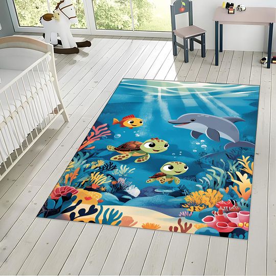 Discover Sea Life Nursery Rug: Ocean Animals, Dolphins & Coral