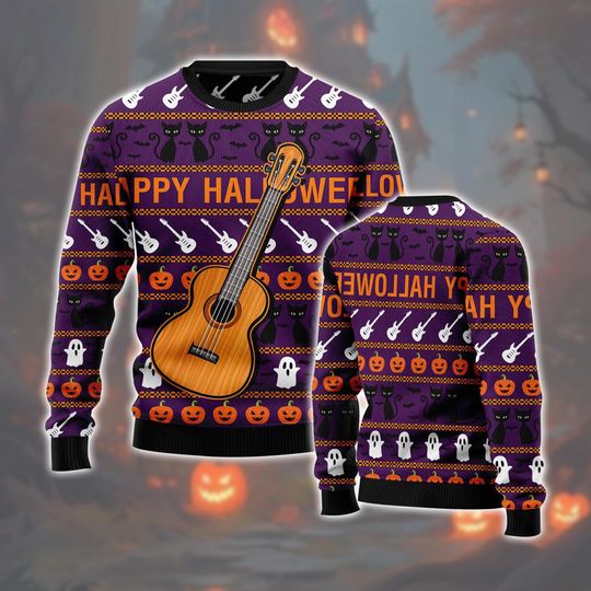 Happy Halloween Guitar Ugly Sweater, Fun Spooky Cats, Pumpkins And Ghosts Knit, Fun, Festive & Perfect for Halloween Cheer.