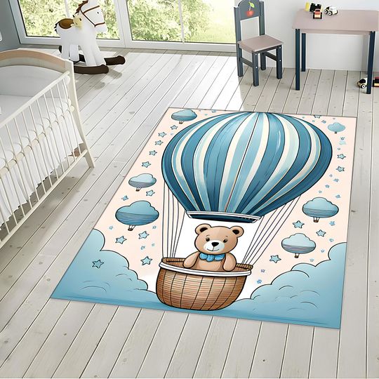 Discover Teddy Bear Hot Air Balloon Nursery Rug: Blue Baby Boy Room Decor