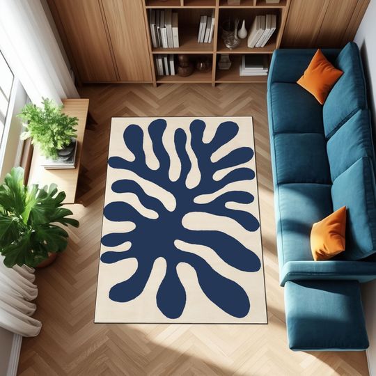 Discover Modern Abstract Navy Blue Rug: Organic Contemporary Art Carpet