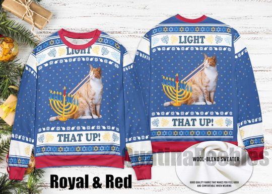 Light That Up Funny Cat Hanukkah Sweater Ugly,Happy Hanukkah Sweater, Hanukkah Dinner Ugly Sweater, Ugly Sweater Xmas, Gift For Men Women