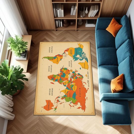 Discover Vintage Upside Down World Map Rug: Colorful Travel Decor