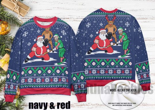 Santa Baseball Christmas Sweater  Funny Elf Reindeer Ugly Xmas , Baseball Ugly Christmas Sweater, Ugly Sweater Xmas, Gift For Men Women