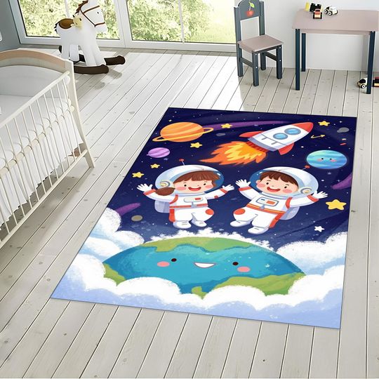 Discover Kids Space Rug: Cartoon Astronauts, Planets, Rocket Playroom Carpet