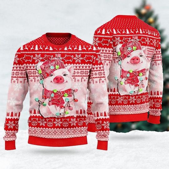 Lovely Pig Reindeer 3D Ugly Christmas Sweater, Funny Holiday Jumper, Cute Festive Outfit, Unique Winter Party Costume Gift Idea