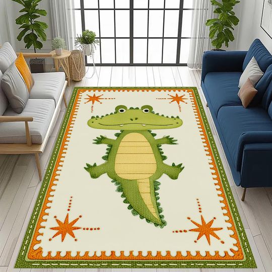 Discover Crocodile Kids Room Rug - Green Alligator Cartoon Animal Decor