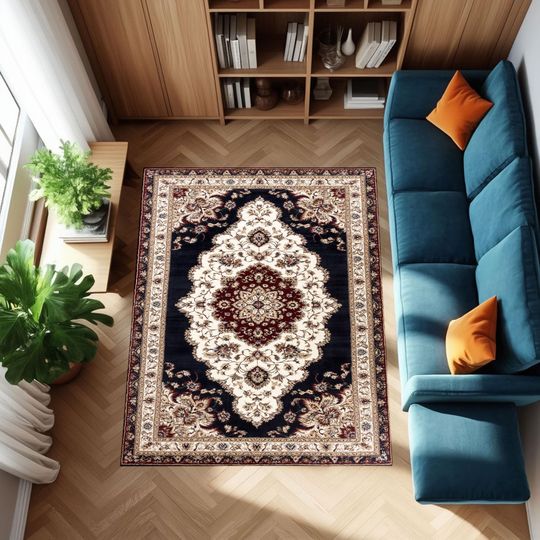 Discover Vintage Persian Style Area Rug with Black, Ivory, and Red Medallion