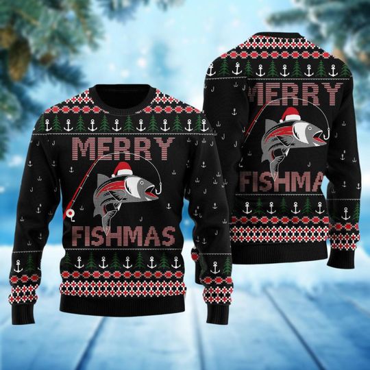 Christmas Merry Fishmas Ugly Sweater, Fishing Xmas Sweater, Bass Fisherman Ugly Christmas Sweater, Funny Holiday Sweater, Christmas Gift