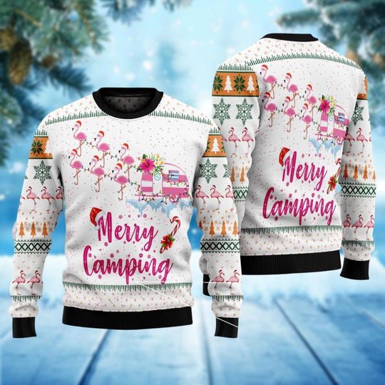Pink Flamingo Santa Ugly Christmas Sweater, Merry Camping Ugly Sweater, Animal Lover Xmas Sweater, Winter Holiday Gift