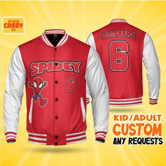 Custom Spidey Baseball Jacket Red, Personalized Name&Number Varsity Jacket, Disneyland Shirt, Family Matching Oufit, Disney Trip 2025