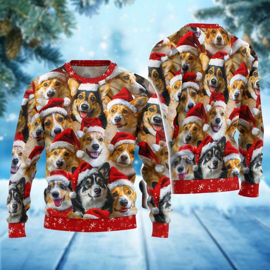 Corgi Xmas Sweater, Dog Santa Hat Ugly Christmas Sweater, Animal Holiday Sweater, Dog Mom Sweater Women, Xmas Party Gift