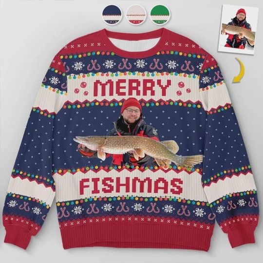 Personalized Christmas Birthday Gifts For Fisherman, Custom Photo Unisex Ugly Sweatshirt