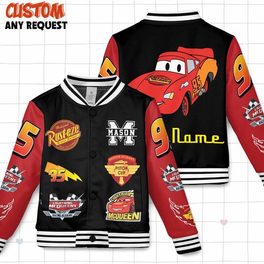 Discover Custom Name Lightning McQueen Car Kids and Youth Baseball Jacket, Aldult Unisex Varsity Baseball Jacket