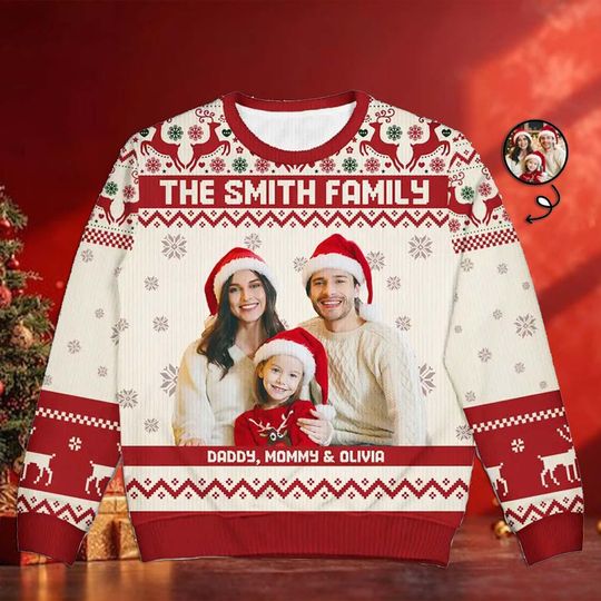 Discover Custom Photo Family Merry Christmas - Personalized Unisex Ugly Sweater, Funny Sweater for Family/Friends, Christmas Ugly Sweater Party Gift