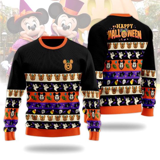 Discover Mickey Mouse Happy Halloween Sweater, Disney Ghost Pumpkin Sweatshirt, Spooky Holiday Knit Jumper