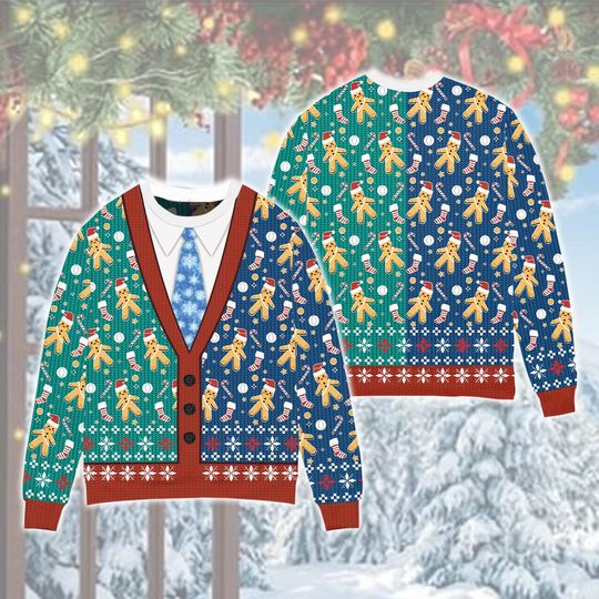 Discover Funny 3D Ugly Christmas Sweater, Printed Cardigan Ugly Sweatshirt, Gingerbread Christmas Sweatshirt, Jumper Suit Christmas Party Gift