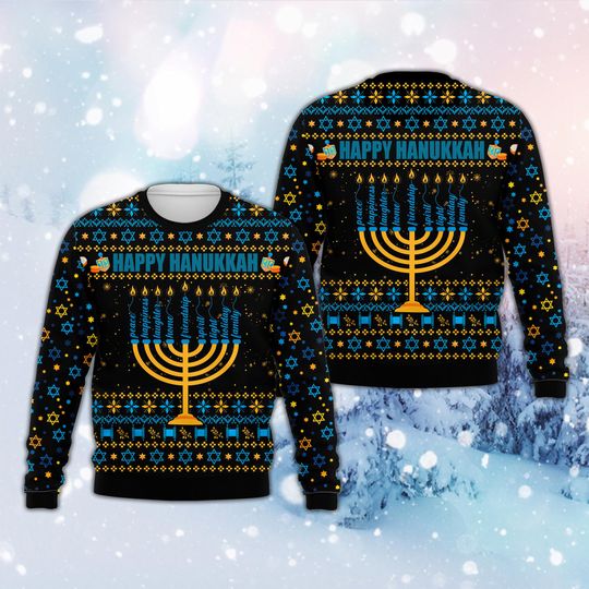 Happy Hanukkah Ugly Christmas Sweater, Hanukkah Menorah Ugly Sweatshirt, Jewish Holiday Sweatshirt, Star Of David Chanukkah Celebration Gift