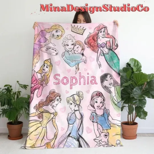 Discover Disney Princesses Cinde Rapunzel Sketched Pink Customize Fleece Blanket