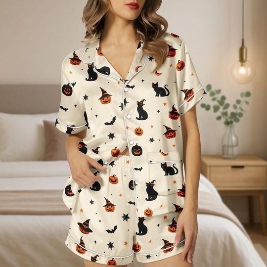 Halloween Cat Satin Pajama Set, Pumpkin Bat Witch Hat Pjs, Cozy Satin Shorts Sleepwear for Women, Halloween Pajamas Set For Her