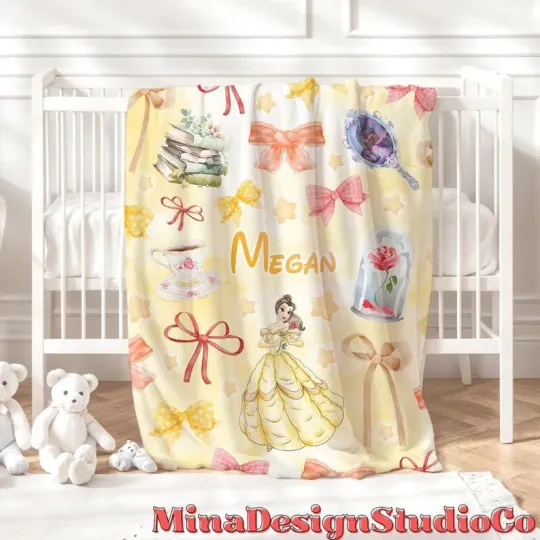 Disney Beauty And The Beast Coquette Bows Belle Yellow Customize Fleece Blanket