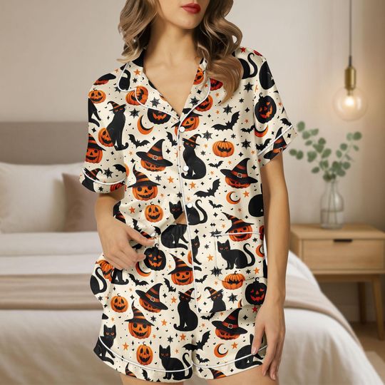 Discover Black Cat Pumpkin Halloween Satin Pajama Set, Witches Hat Sleepwear, Cute Spooky Fall PJs, Womens Halloween Nightwear, Cozy Lounge Set