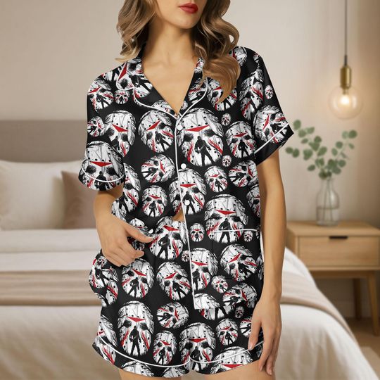 Discover Halloween Horror Satin Pajama Set, Jason Mask Pajamas, Scary Movie Sleepwear, Spooky Halloween PJs