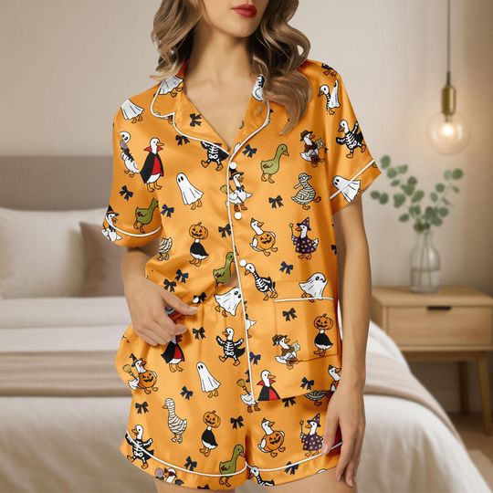 Discover Halloween Duck Ghost Pumpkin Pajamas, Cute Ghost Pajama Shorts, Spooky Satin Sleepwear, Halloween Lounge Set, Pumpkin Halloween Gift