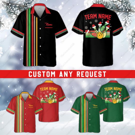 Discover Personalized Christmas Bowling Pocket Hawaiian Shirt, Custom Name Christmas Button Up Shirt, Bowling Team Christmas Shirt, Xmas Holiday Gift