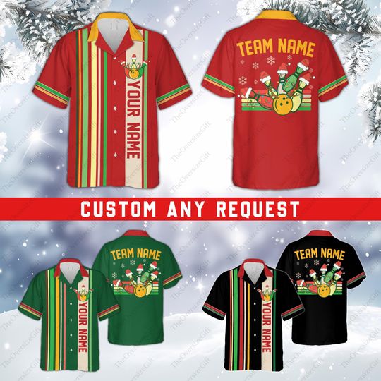 Personalized Christmas Bowling Hawaiian Shirt, Custom Name Christmas Button Down Shirt, Matching Bowling Team Shirt, Christmas Bowling Squad