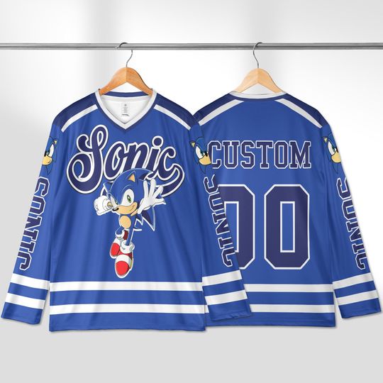 Discover Personalized Sonic Hockey Jersey, Custom Sonic the Hedgehog Shirt, Sonic Gamer Sports Outfit, Matching Family Tee, Gaming Birthday Gift,